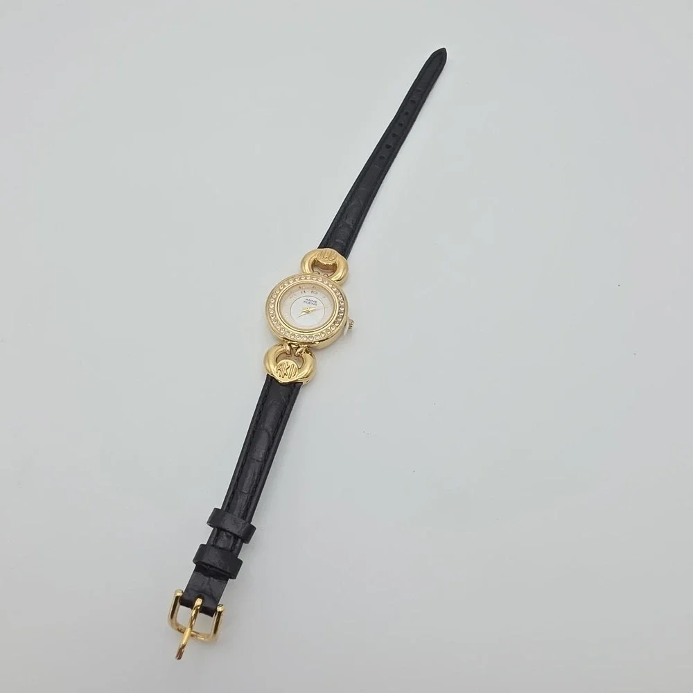 Vtg ANNE KLEIN II Ladie's Watch Women's Crystal Studded Gold Plate Leather 7.25